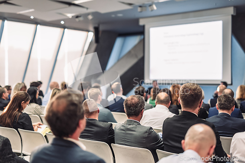 Image of Round table discussion at business conference meeting event.. Audience at the conference hall. Business and entrepreneurship symposium.