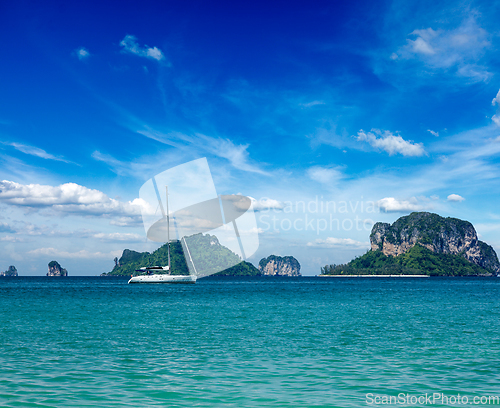 Image of Tropical sea with yacht and islands. Thailand