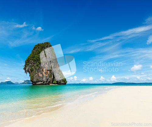 Image of Idyllic beach, sand, sea, sky