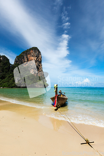 Image of Long tail boat on beach, Thailand