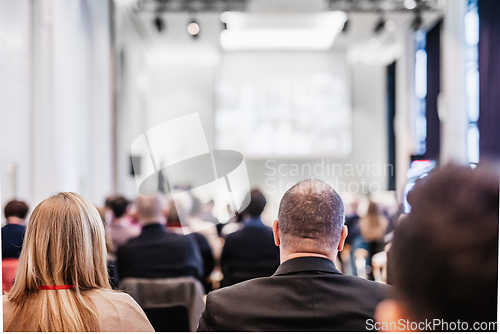 Image of Round table discussion at business conference meeting event.. Audience at the conference hall. Business and entrepreneurship symposium.