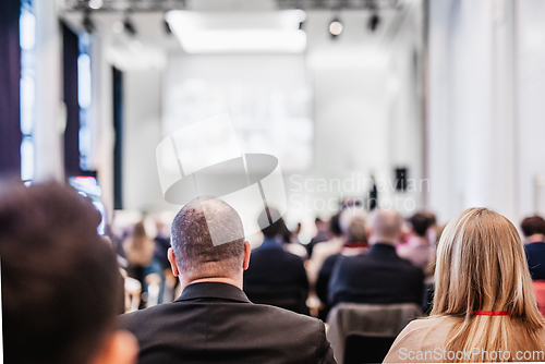 Image of Round table discussion at business conference meeting event.. Audience at the conference hall. Business and entrepreneurship symposium.