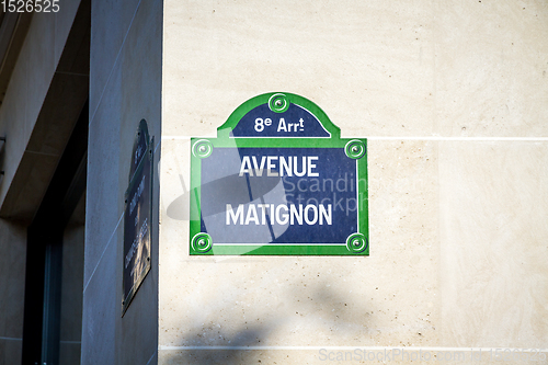 Image of Avenue Matignon street sign, Paris, France