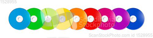 Image of Colorful rainbow CD - DVD range on white background banner