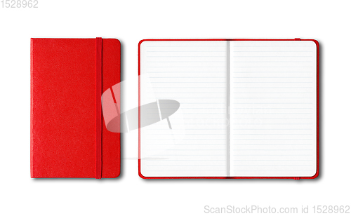 Image of Red closed and open lined notebooks isolated on white