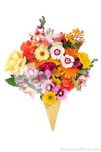 Image of Surreal Creative Ice Cream Waffle Cone with Summer Flowers