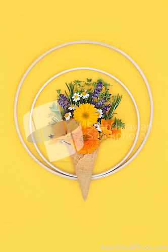 Image of  Surreal Ice Cream Waffle Cone Concept with Summer Flora and Her