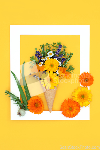 Image of Ice Cream Cone Surreal Concept with Summer Flowers and Herbs