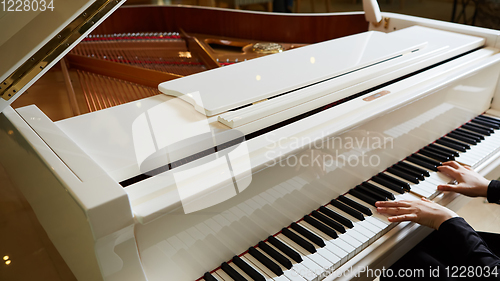 Image of Womans hands on the keyboard of the piano closeup