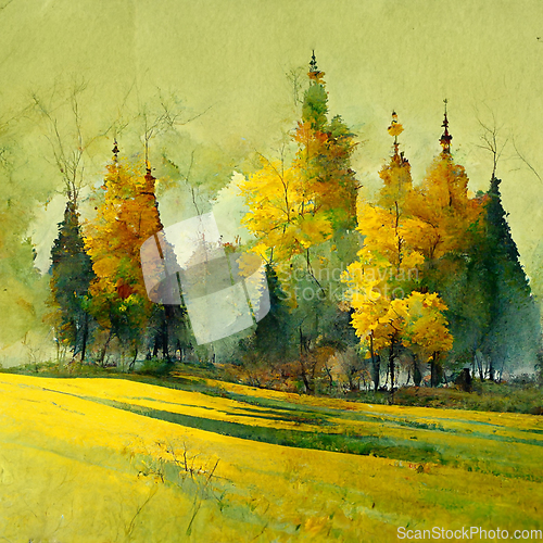 Image of Autumn forest landscape. Colorful watercolor painting of fall se