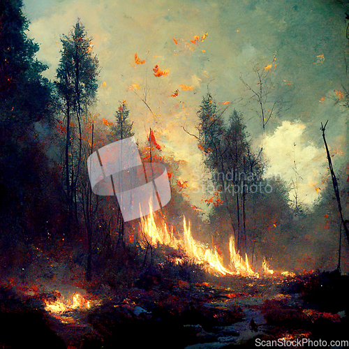 Image of Burning forest spruces in fire flames, nature disaster concept  