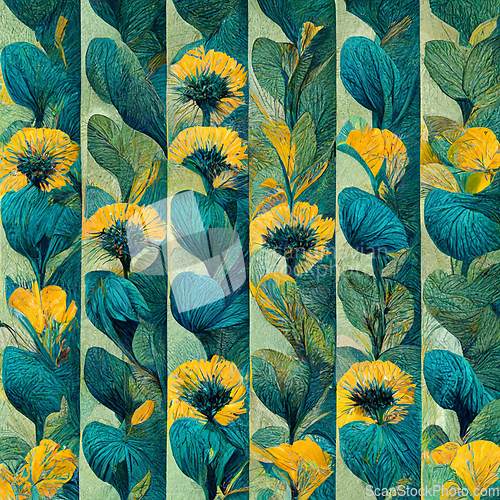 Image of Teal and yellow abstract flower pattern for prints, wall art, co