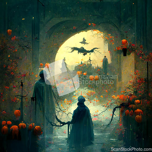 Image of Pumpkins In Graveyard In The Spooky Night - Halloween Backdrop.