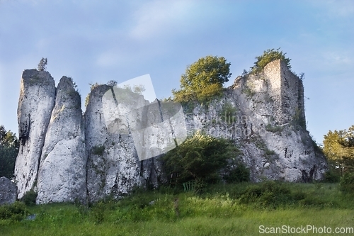 Image of Ruins of old castle Przewodziszowice at limestone rocks