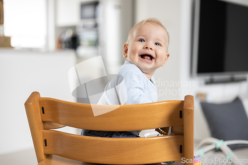 Image of Happy infant sitting in traditional scandinavian designer wooden high chair and laughing out loud in modern bright home. Cute baby smile.