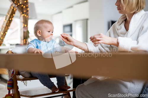 Image of Mother wearing cosy bathrope spoon feeding her baby boy child in baby high chair with fruit puree at dinning table at home. Baby solid food introduction concept