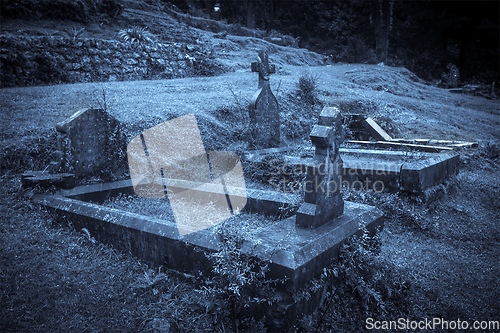 Image of Spooky Halloween graveyard in fog