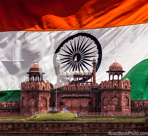 Image of Red Fort (Lal Qila) against Indian national flag. Delhi, India