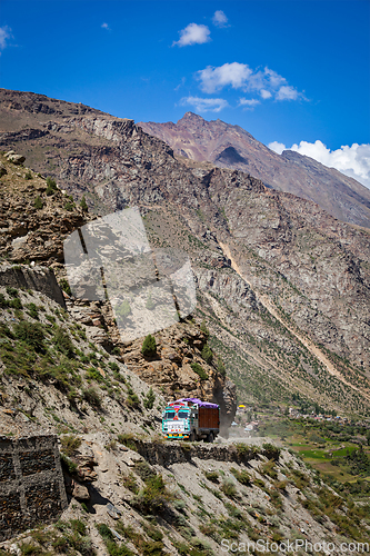 Image of Manali-Leh road in Indian Himalayas with lorry. Himachal Pradesh