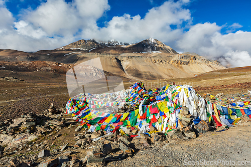 Image of Buddhist prayer flags (lungta) on Baralacha La pass in Himalayas