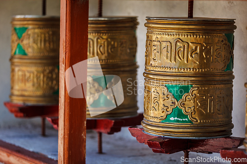 Image of Buddhist prayer wheels. Diskit, Ladakh