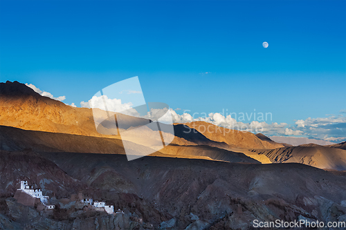 Image of Basgo monastery and moonrise in Himalayas. India