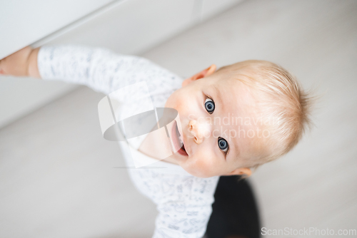 Image of top down view of cheerful baby boy infant taking first steps holding to kitchen drawer at home. Cute baby boy learning to walk