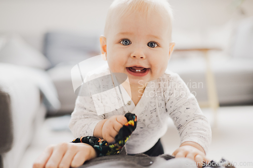 Image of Cute infant baby boy playing, crawling and standing upat home. Baby playing at home