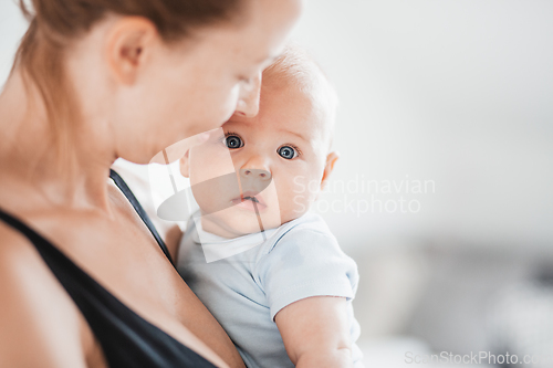 Image of Portrait of sweet baby resting in mothers arms, looking at camera. New mom holding and cuddling little kid, embracing child with tenderness, love, care. Motherhood concept