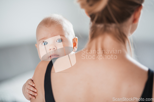 Image of Portrait of sweet baby resting in mothers arms, looking at camera, touching mama shoulder. New mom holding little kid, embracing child with tenderness, love, care. Motherhood concept