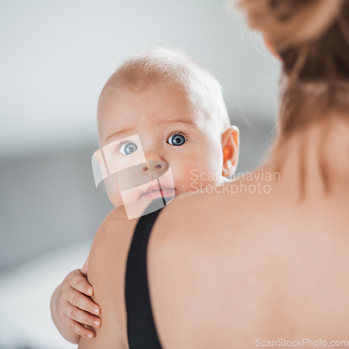 Image of Portrait of sweet baby resting in mothers arms, looking at camera, touching mama shoulder. New mom holding little kid, embracing child with tenderness, love, care. Motherhood concept