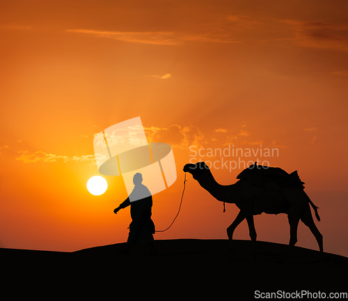 Image of Cameleer (camel driver) with camels in dunes of Thar desert. Raj