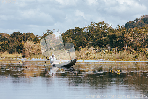 Image of Native Malagasy fishermen fishing on river, Madagascar