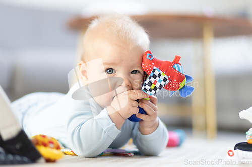 Image of Cute baby boy playing with hanging toys arch on mat at home Baby activity and play center for early infant development. Baby playing at home