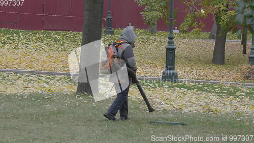 Image of Working blows autumn leaves vacuum blower