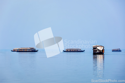 Image of Houseboats in lake. Kerala, India