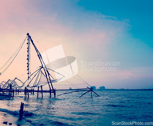 Image of Chinese fishnets on sunset. Kochi, Kerala, India