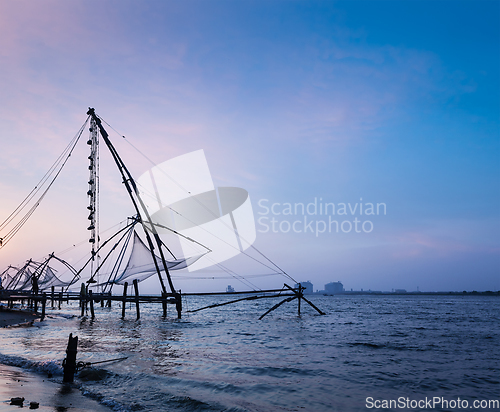 Image of Chinese fishnets on sunset. Kochi, Kerala, India