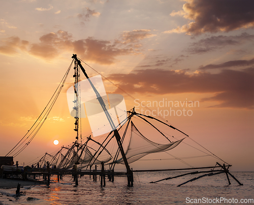 Image of Chinese fishnets on sunset. Kochi, Kerala, India