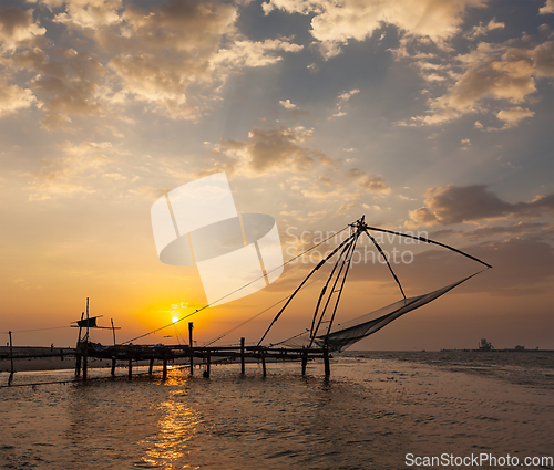 Image of Chinese fishnets on sunset. Kochi, Kerala, India