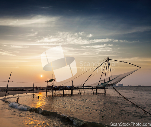 Image of Chinese fishnets on sunset. Kochi, Kerala, India