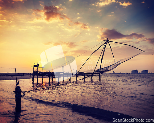 Image of Chinese fishnets on sunset. Kochi, Kerala, India