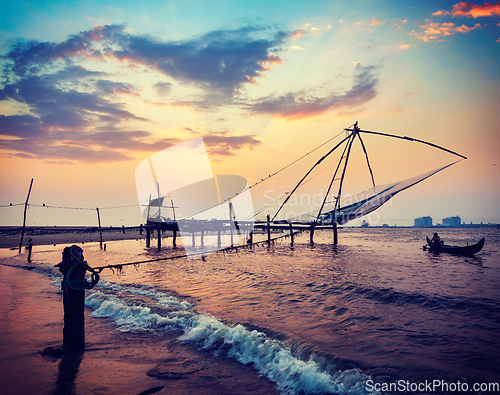 Image of Chinese fishnets on sunset. Kochi, Kerala, India