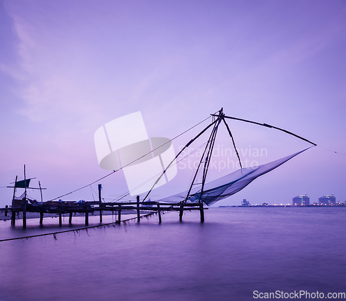 Image of Chinese fishnets on sunset. Kochi, Kerala, India