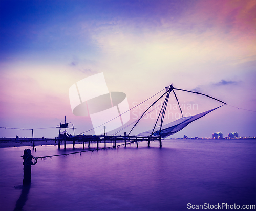 Image of Chinese fishnets on sunset. Kochi, Kerala, India