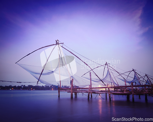 Image of Chinese fishnets on sunset. Kochi, Kerala, India