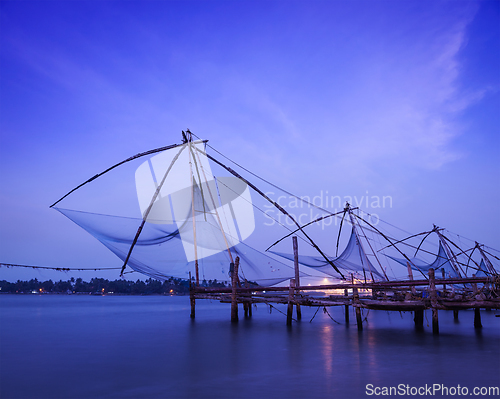 Image of Chinese fishnets on sunset. Kochi, Kerala, India