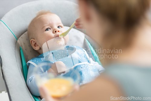 Image of Mother spoon feeding her baby boy infant child in baby chair with fruit puree. Baby solid food introduction concept.