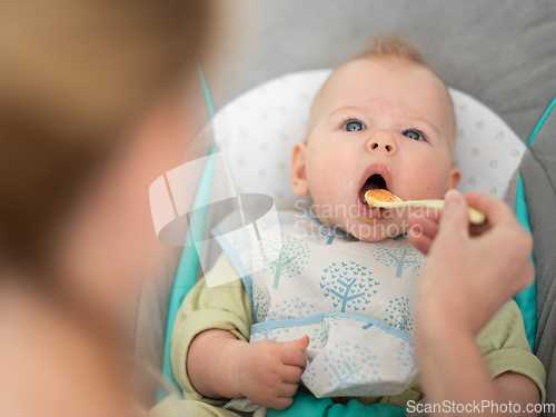 Image of Mother spoon feeding her baby boy infant child in baby chair with fruit puree. Baby solid food introduction concept.