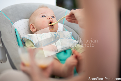Image of Mother spoon feeding her baby boy infant child in baby chair with fruit puree. Baby solid food introduction concept.